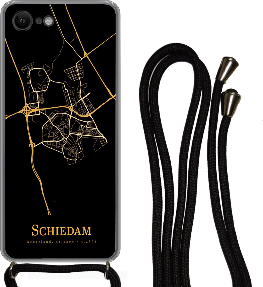 Telefoonkoord - Telefoonketting - Telefoonhoesje Geschikt voor iPhone SE 2020 - Schiedam - Stadskaart - Goud - Zwart - Siliconen - Crossbody - Telefoonhoesje met koord Telefoonhoesje