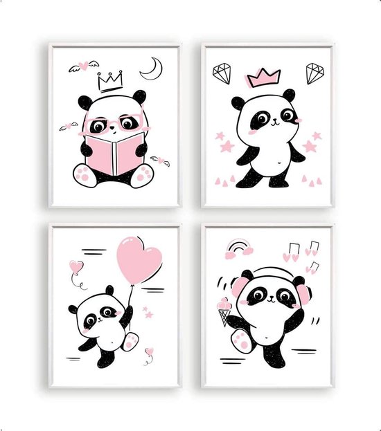 Poster Set 4 Panda boek lezen prinses ballon muziek luisteren - Roze Hartje
