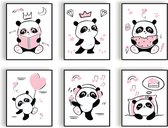 Poster Set 6 Panda met boekje prinses watermeloen ballon muziek en slapen - Roze Hartje / Meisje / 80x60cm