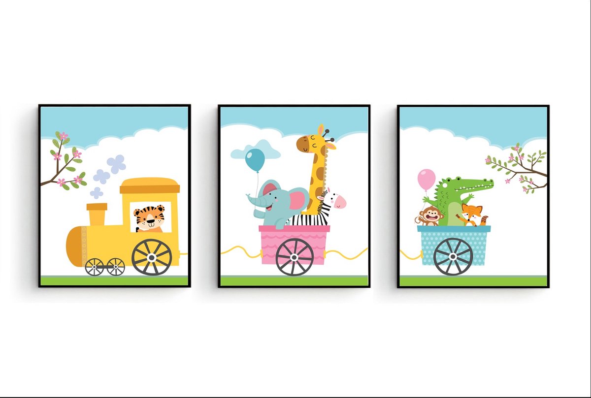 Set' affiches 3 Happy Animaux in train - Enfants - Chambre de bébé
