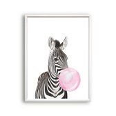 Poster Zebra met roze kauwgom / Kauwgombel / 30x21cm