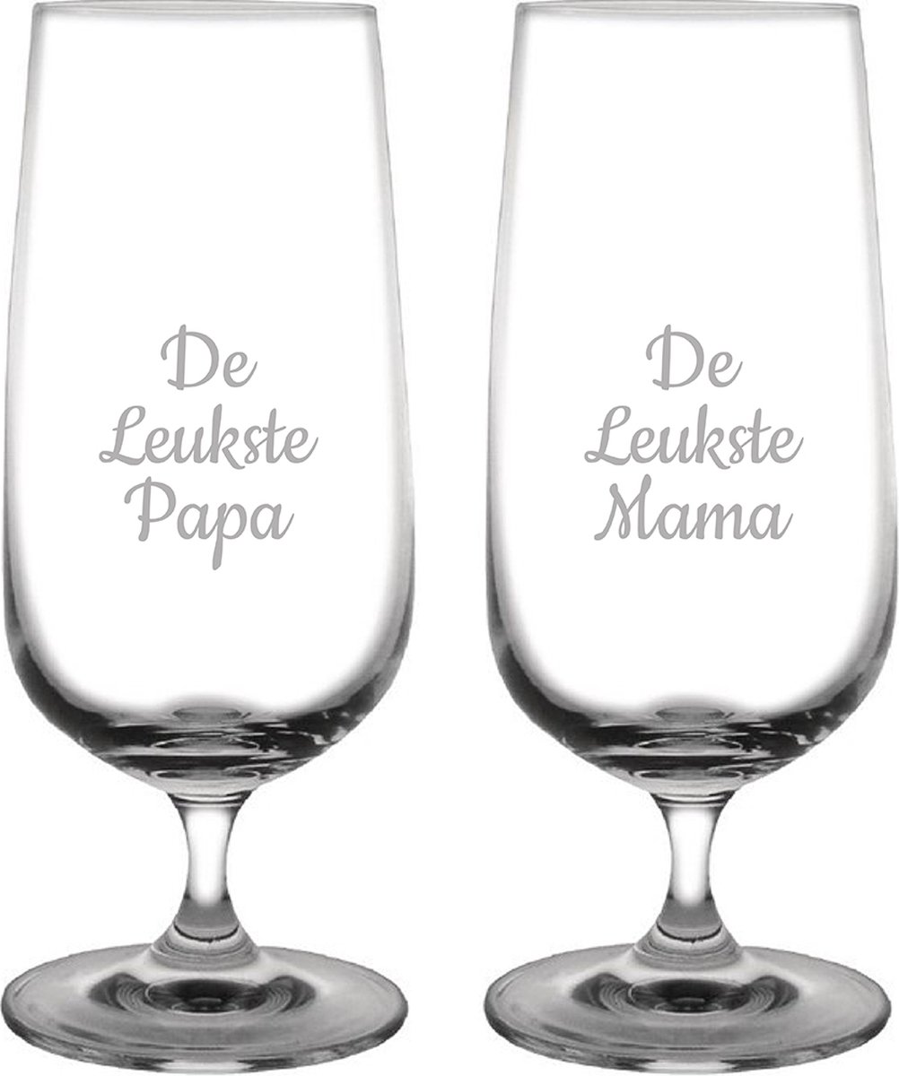 Gegraveerde bierglas op voet 41cl De Leukste Mama-De Leukste Papa