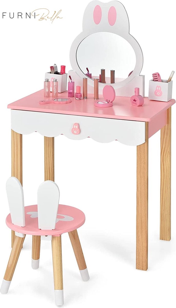 Coiffeuse pour enfants avec miroir et tabouret en bois - style princesse cadeau  pour filles rose