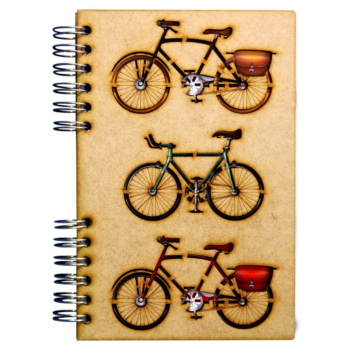 KOMONI - Duurzaam houten notitieboek - dagboek - Gerecycled papier - Navulbaar - A4 - Gelinieerd - Vintage fietsen