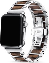 Stalen, Hout Smartwatch bandje - Geschikt voor Apple Watch stalen/houten bandje - zilver/bruin - Strap-it Horlogeband / Polsband / Armband - Maat: 38 - 40 - 41mm