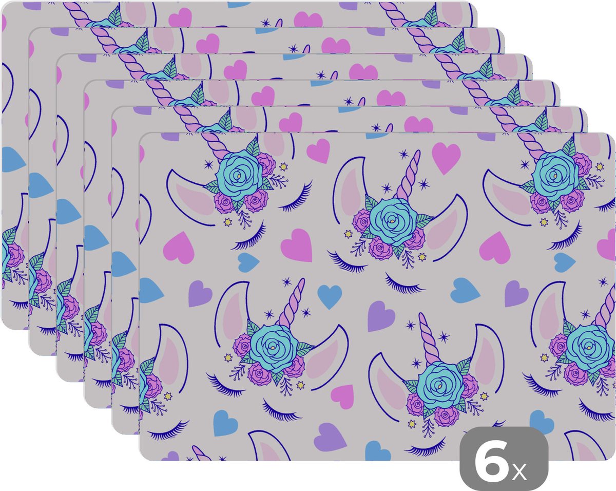 Placemat kinderen - Placemat - Placemats kunststof - Meiden - Unicorn - Bloemen - Patronen - Girl - Kids - Kinderen - 45x30 cm - 6 stuks - Hittebestendig - Anti-Slip - Onderlegger - Afneembaar