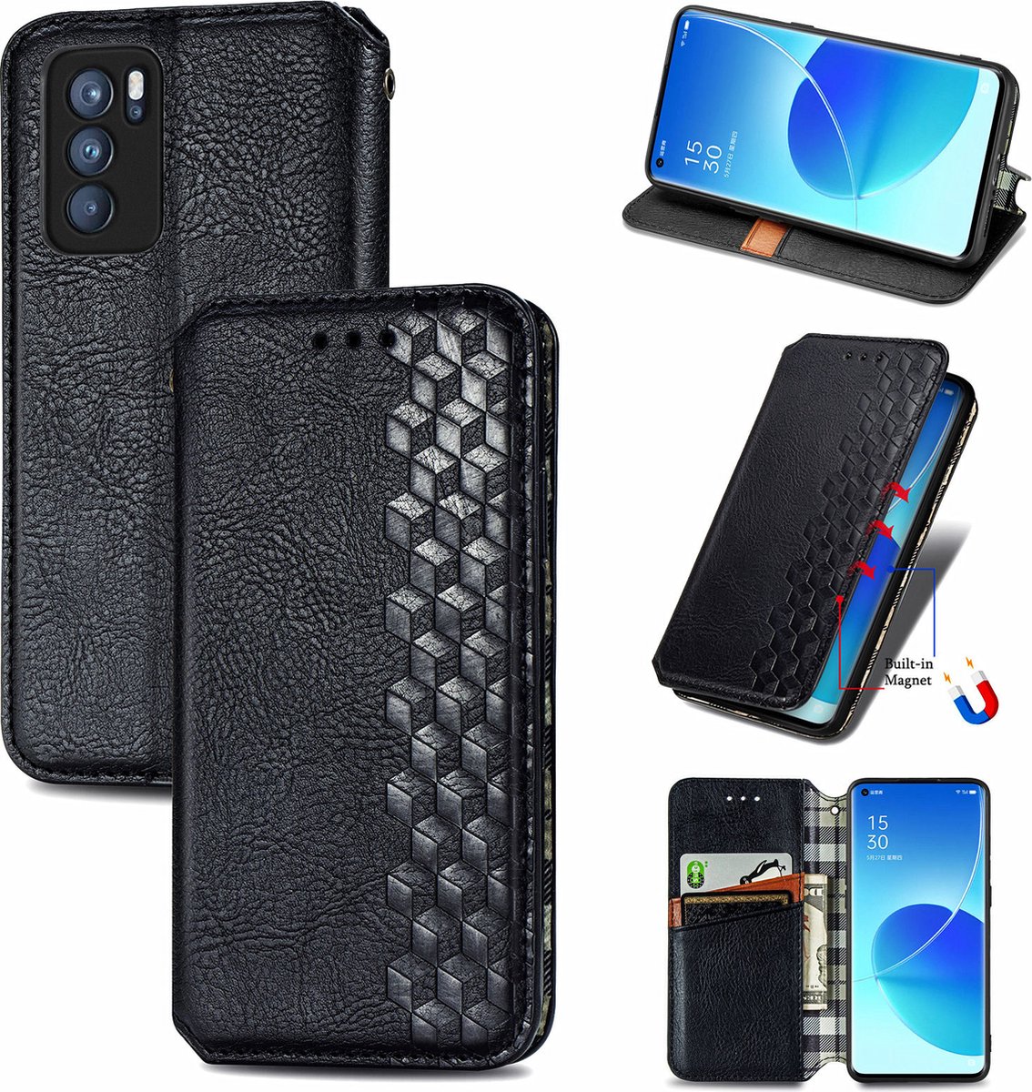 Luxe PU Lederen Ruitpatroon Wallet Case + PMMA Screenprotector voor OPPO Reno6 Pro _ Zwart