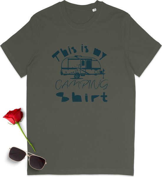 This is my Camping Shirt - Grappig Camping t Shirt - Tshirt met caravan print - t-Shirt vrouwen met tekst - Tshirt voor mannen - Dames en heren t shirt - Unisex maten: S M L XL XXL XXXL - Shirt kleuren: wit, khaki en geel.