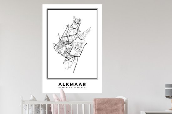 Stickers muraux - Plan de la ville - Zwart Wit - Carte - Alkmaar - Pays- Nederland - Carte - 80x120 cm - Feuille adhésive