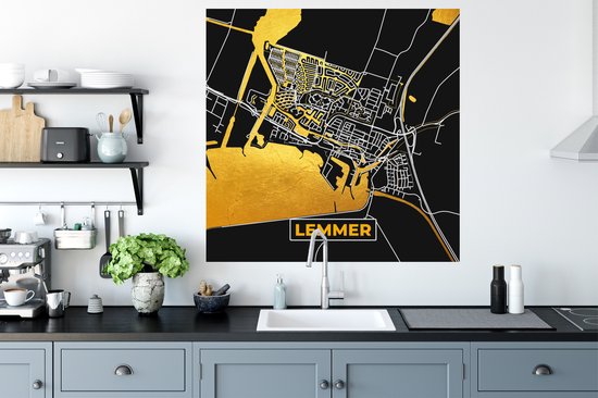 Stickers muraux - Lemmer - Black and Gold et Or - Plan de ville - Carte - Plan d'étage - 100x100 cm - Feuille adhésive XXL