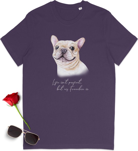 Franse Bulldog t Shirt - French Bulldog tshirt dames - t-shirt heren met dog print - vrouwen t shirt Franse Bulldog opdruk - Honden tshirt mannen en vrouwen - Unisex maten: S M L XL XXL XXXL - Shirt kleuren: Zwart en Paars.