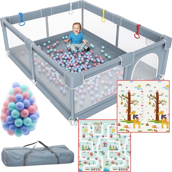 Product: Skye & Scott Grondbox - Met 50x Ballenbak Ballen - en Dubbelzijdige Speelmat - Speelbox voor Baby - Playpen - Kruipbox - Kinderbox - 180x150cm - Grijs, van het merk Skye & Scott