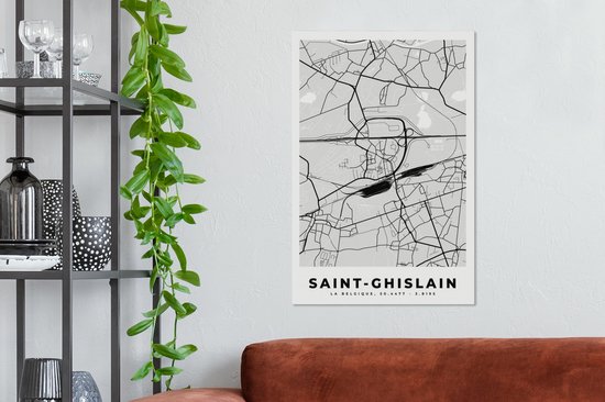Toile Peinture City Map - Zwart Wit - Carte - Saint Ghislain - België - Carte - 40x60 cm - Décoration murale
