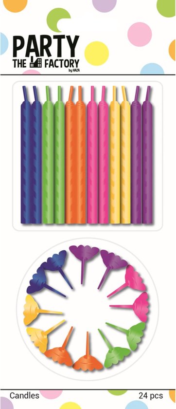 Verpakking met 24 gekleurde kaarsjes in paars, blauw, groen, oranje, roze, geel en houders.