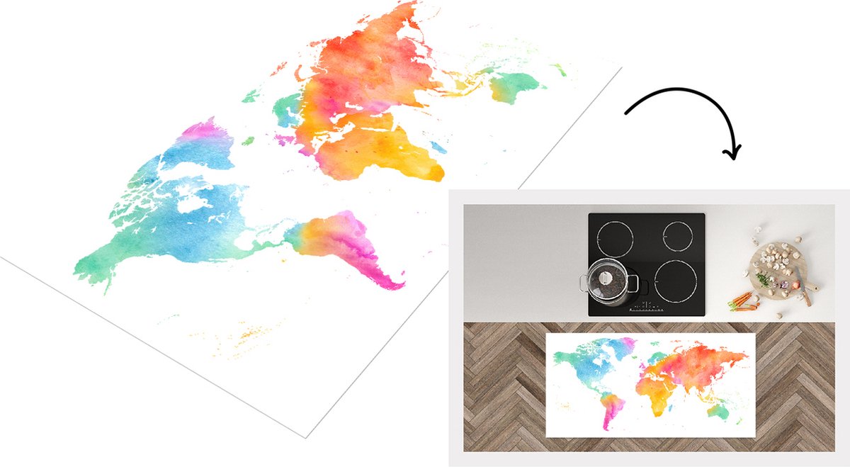 KitchenYeah Keukenloper - Loper keuken - Wereldkaart - Regenboog - Waterverf - 120x60 cm - Keukenloper vinyl Multicolor