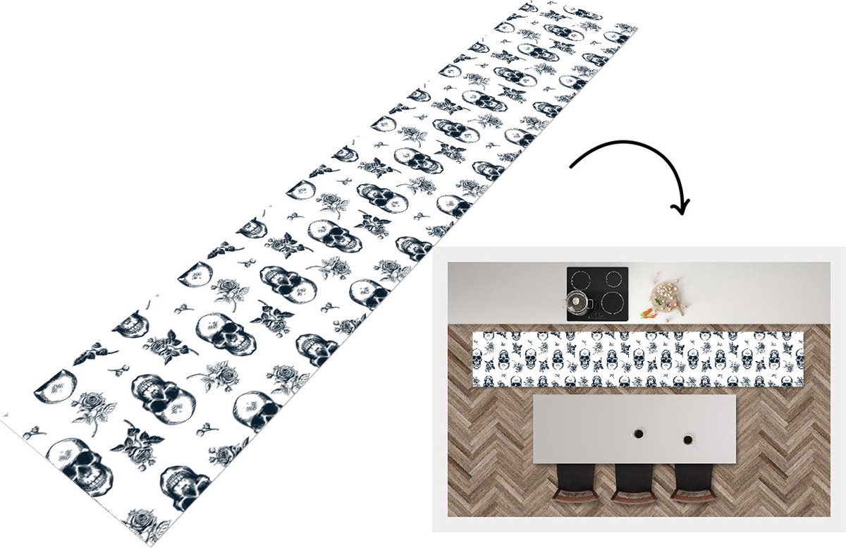 KitchenYeah Keukenloper - Loper keuken - Tieners - Skull - Bloemen - Patronen - 300x50 cm - Keukenloper vinyl Multicolor