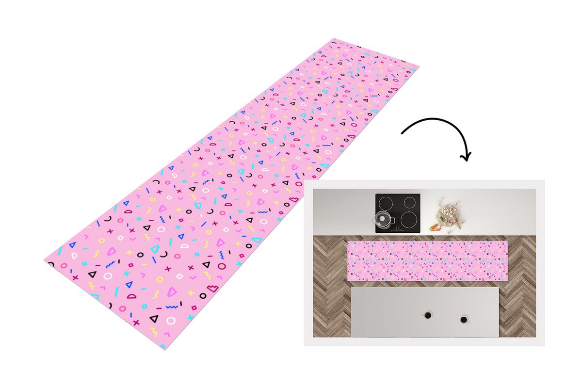 KitchenYeah Keukenloper - Loper keuken - Design - Patronen - Roze - Jaren 80 - 200x50 cm - Keukenloper vinyl Multicolor
