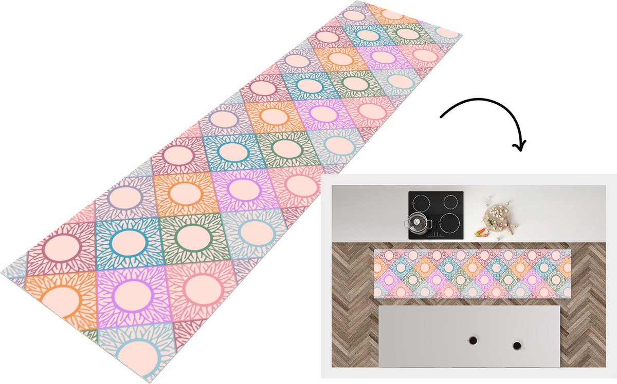 KitchenYeah Keukenloper - Loper keuken - Zonnebloem - Ruit - Patronen - 240x60 cm - Keukenloper vinyl Multicolor