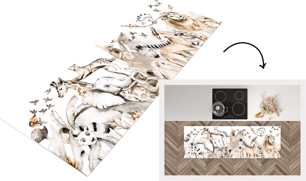 KitchenYeah Keukenloper - Loper keuken - Aquarelverf - Dieren - Olifant - Vogel - 150x50 cm - Keukenloper vinyl Multicolor