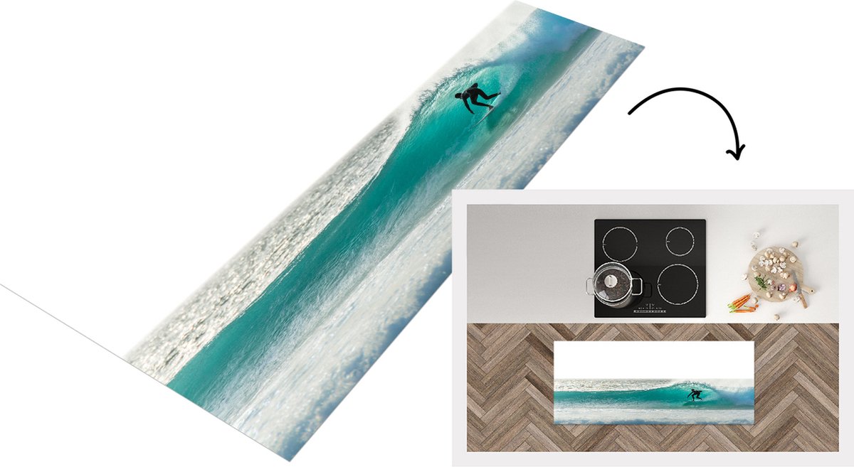 KitchenYeah Keukenloper - Loper keuken - Surfer op een doorlopende golf - Keukenloper vinyl Multicolor