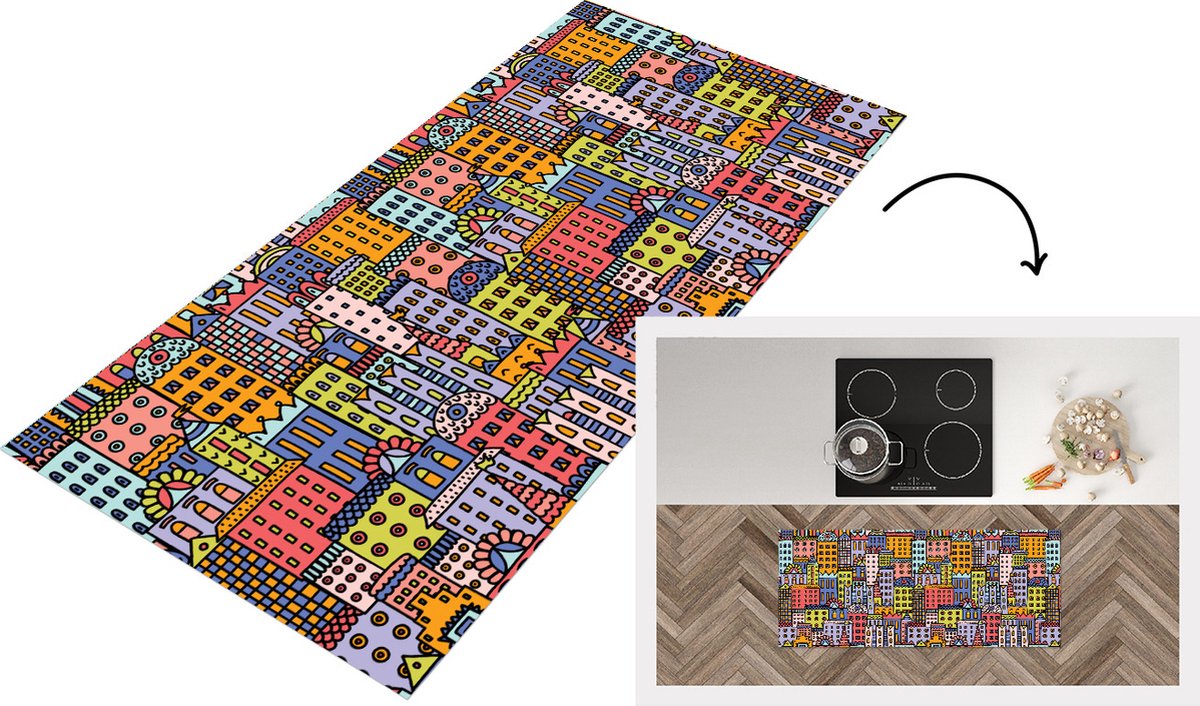KitchenYeah Keukenloper - Loper keuken - Huis - Regenboog - Patroon - 120x50 cm - Keukenloper vinyl Multicolor