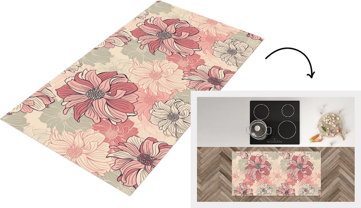 KitchenYeah Keukenloper - Loper keuken - Patroon - Bloem - Design - Jaren 20 - 120x60 cm - Keukenloper vinyl Multicolor