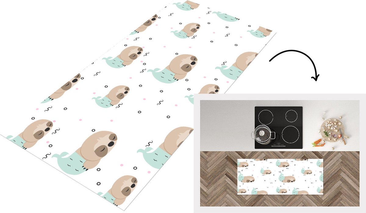 KitchenYeah Keukenloper - Loper keuken - Zeemeermin - Luiaard -Patroon - Slapen - 120x50 cm - Keukenloper vinyl Multicolor