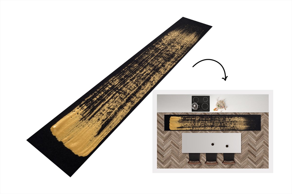 KitchenYeah Keukenloper - Loper keuken - Patroon van gouden verf op een zwarte achtergrond - 300x50 cm - Keukenloper vinyl Multicolor