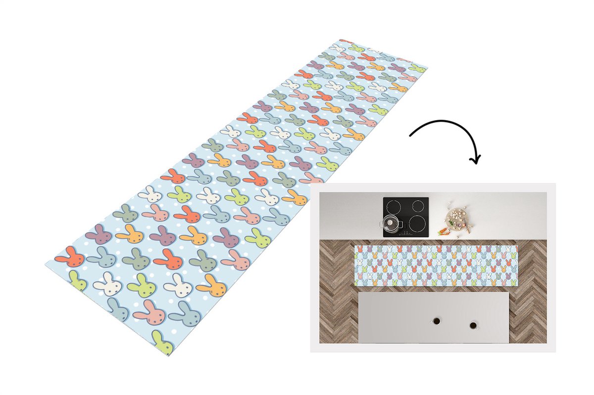 KitchenYeah Keukenloper - Loper keuken - Konijnen - Stippen - Pastel - Blauw - Patronen - 240x60 cm - Keukenloper vinyl Multicolor