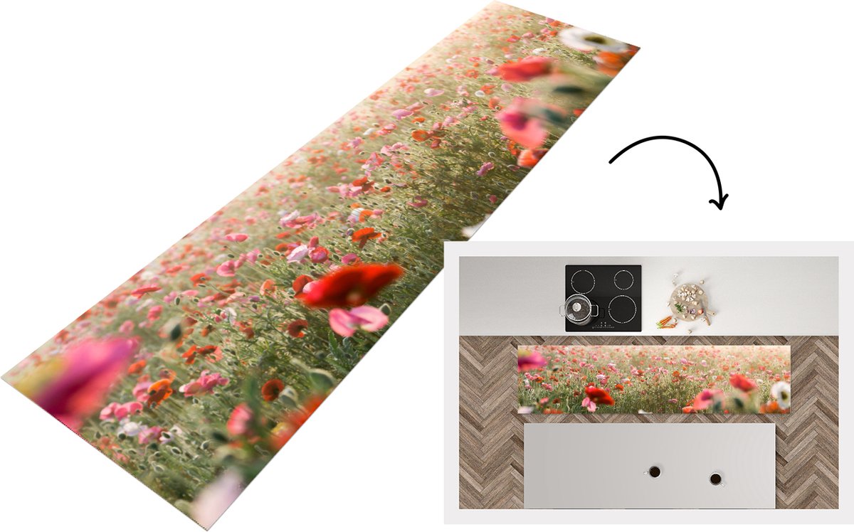 KitchenYeah Keukenloper - Loper keuken - Klaproos - Kleuren - Pastel - 200x50 cm - Keukenloper vinyl Multicolor