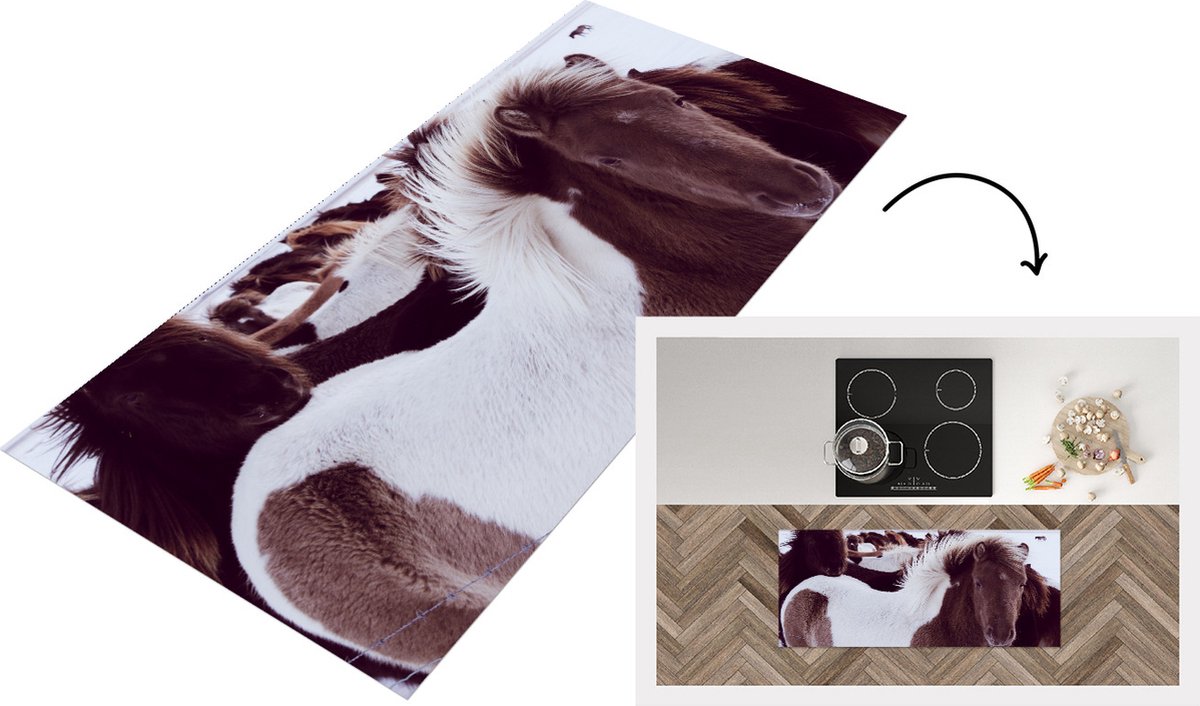 KitchenYeah Keukenloper - Loper keuken - Paard - Sneeuw - Wit - 120x50 cm - Keukenloper vinyl Multicolor