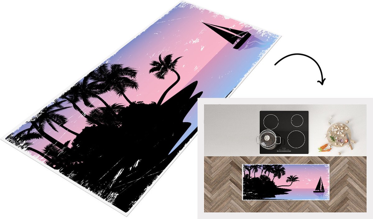 KitchenYeah Keukenloper - Loper keuken - Eiland - Palmboom - Zeilboot - Nacht - 120x50 cm - Keukenloper vinyl Multicolor