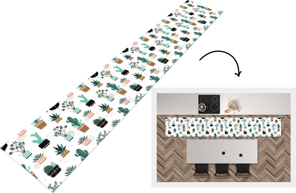 KitchenYeah Keukenloper - Loper keuken - Patronen - Cactus - Planten - 300x50 cm - Keukenloper vinyl Multicolor