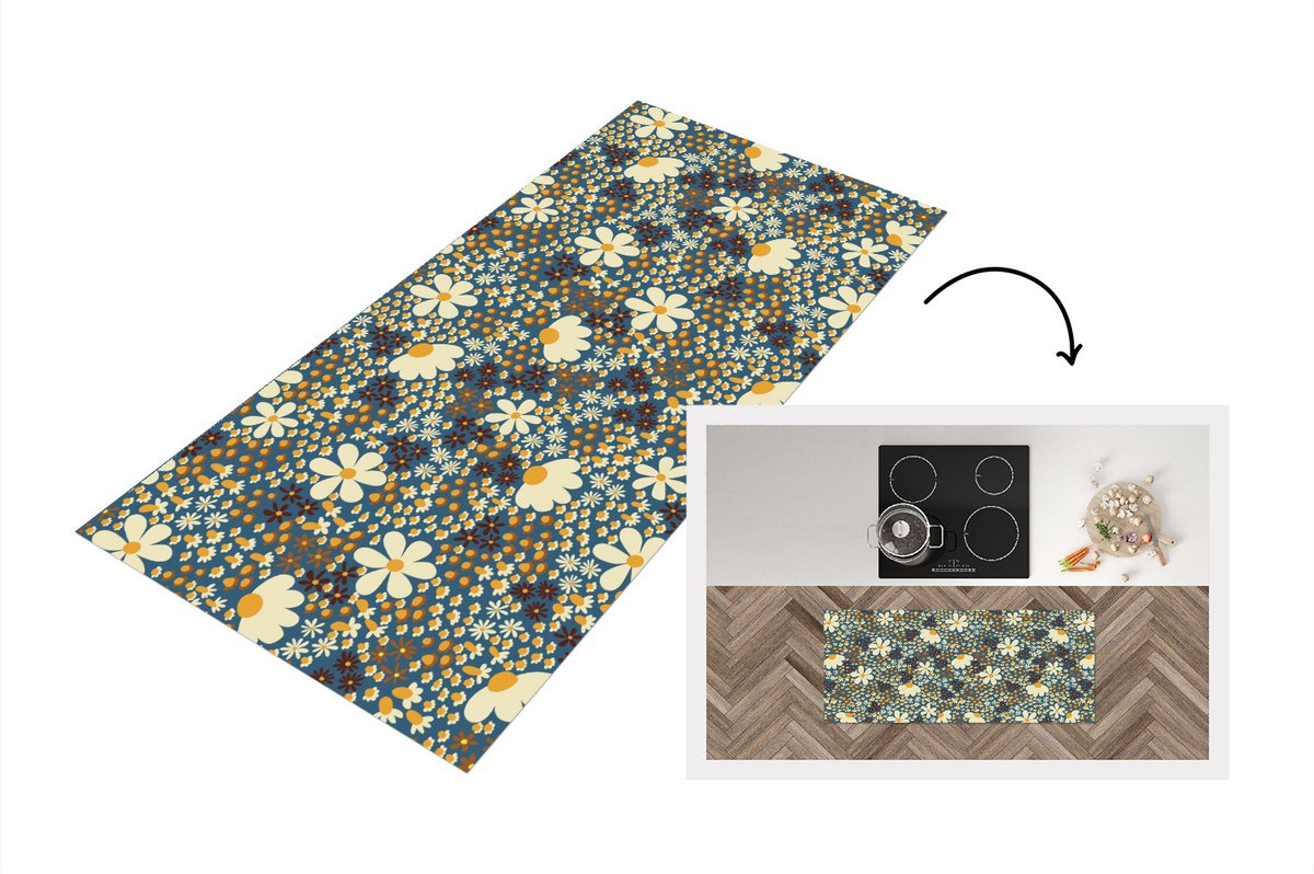 KitchenYeah Keukenloper - Loper keuken - Bloemen - Patroon - Madelief - 120x50 cm - Keukenloper vinyl Multicolor
