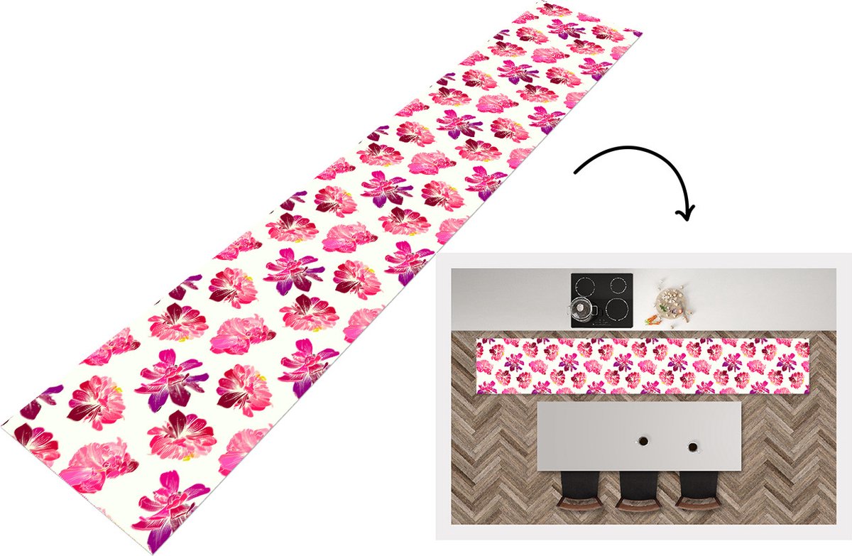 KitchenYeah Keukenloper - Loper keuken - Bloemen - Roze - Patroon - 300x50 cm - Keukenloper vinyl Multicolor