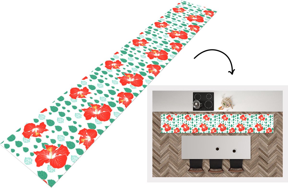 KitchenYeah Keukenloper - Loper keuken - Hibiscus - Patronen - Hawaii - Bladeren - Bloem - 300x50 cm - Keukenloper vinyl Multicolor