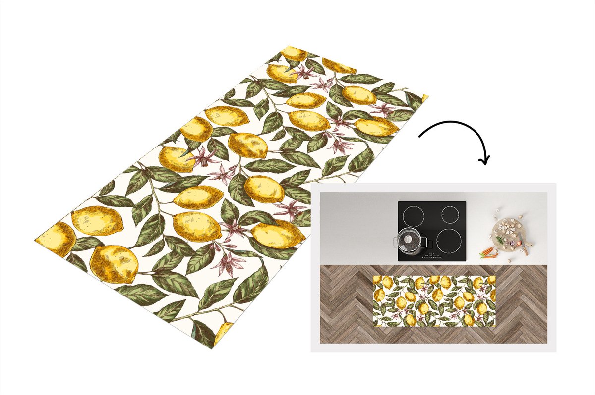 KitchenYeah Keukenloper - Loper keuken - Patroon - Bloemen - Citroenen - Citrus - 120x50 cm - Keukenloper vinyl Multicolor