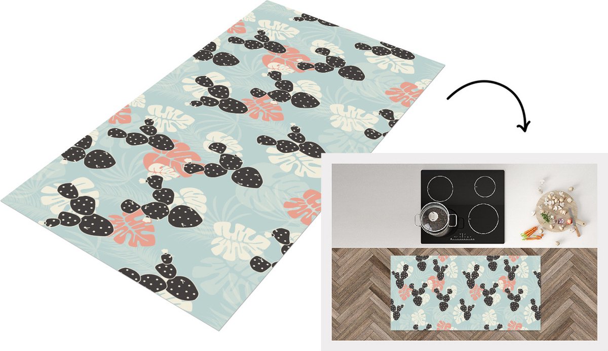 KitchenYeah Keukenloper - Loper keuken - Cactus - Monstera - Patronen - Pastel - Hawaii - 120x60 cm - Keukenloper vinyl Multicolor