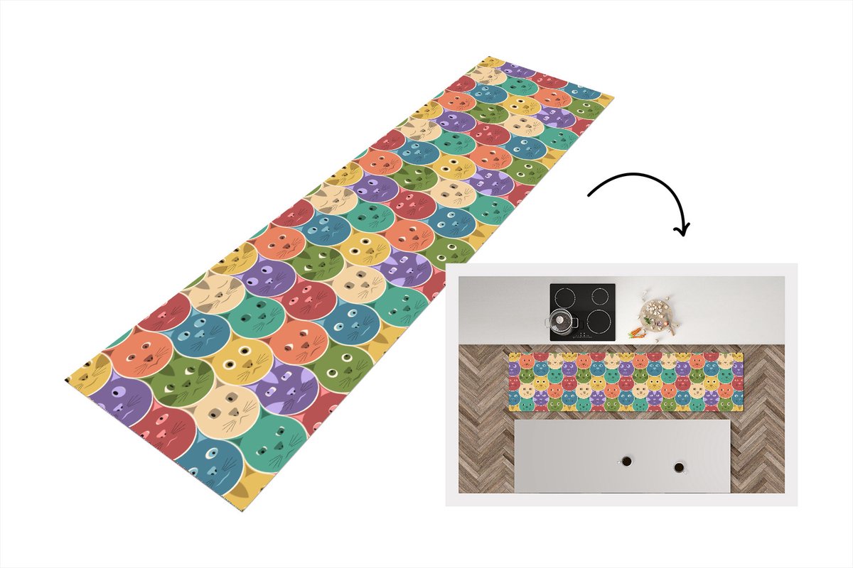 KitchenYeah Keukenloper - Loper keuken - Katten - Regenboog - Kind - Design - 200x50 cm - Keukenloper vinyl Multicolor