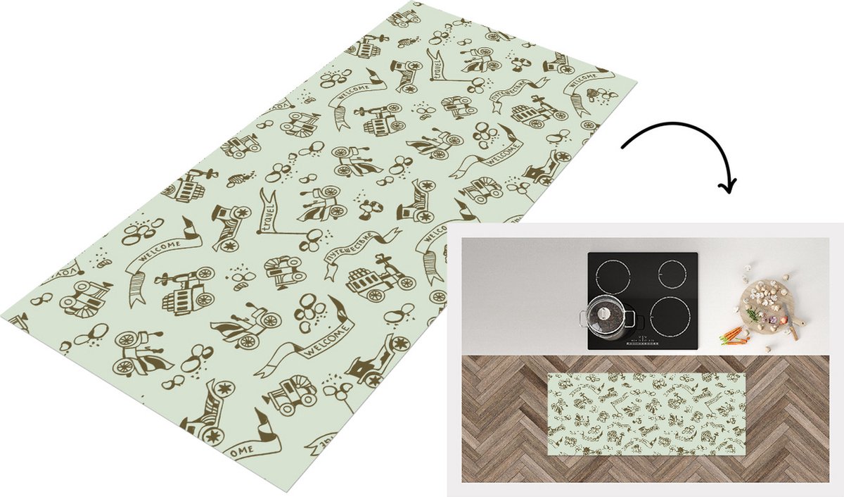 KitchenYeah Keukenloper - Loper keuken - Vintage - Auto - Oldtimer - Jongen - Patroon - 120x50 cm - Keukenloper vinyl Multicolor