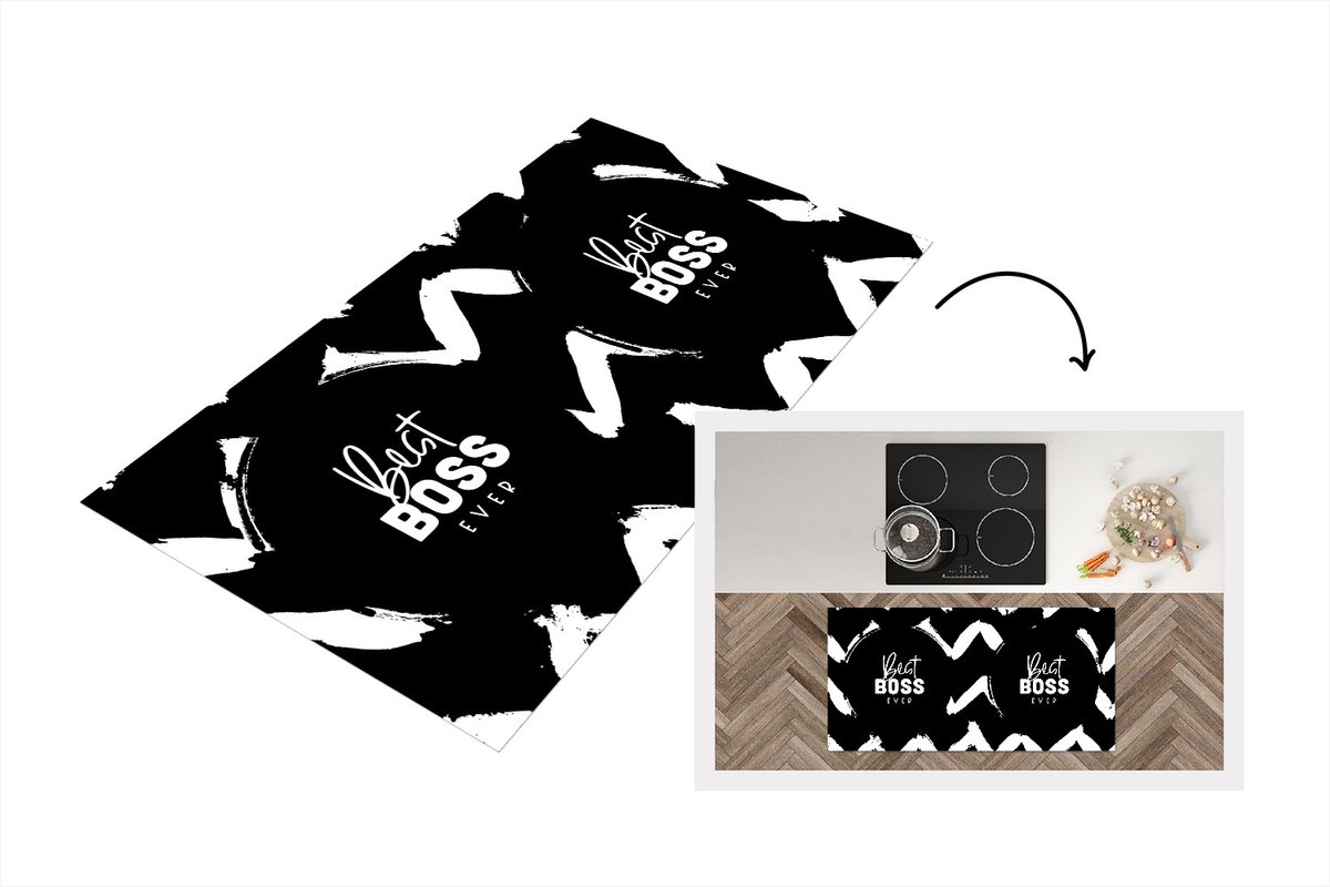 KitchenYeah Keukenloper - Loper keuken - Boss - Zwart - Wit - Quotes - 120x60 cm - Keukenloper vinyl Multicolor