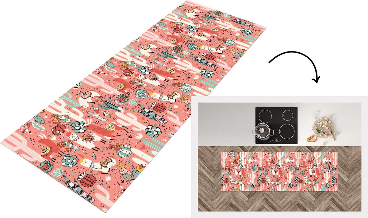 KitchenYeah Keukenloper - Loper keuken - Patroon - Jungle - Lama - 150x50 cm - Keukenloper vinyl Multicolor