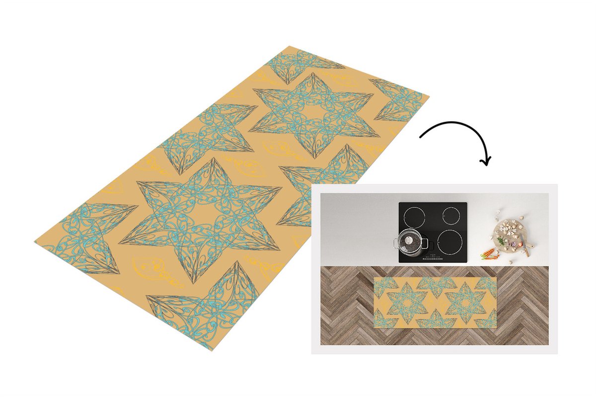 KitchenYeah Keukenloper - Loper keuken - Kerstster - Blauw - Geel - Patronen - Christmas - 120x50 cm - Keukenloper vinyl Multicolor