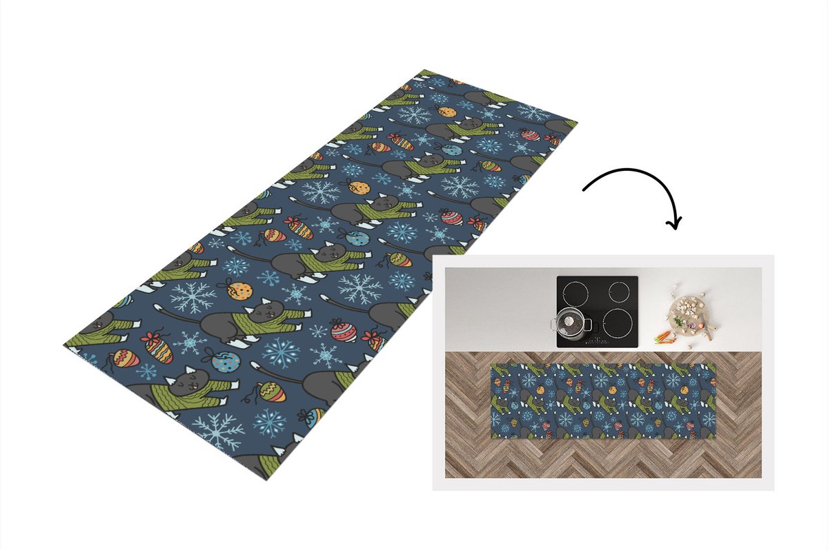 KitchenYeah Keukenloper - Loper keuken - Katten - Sneeuw - Kerstbal - Patronen - 150x50 cm - Keukenloper vinyl Multicolor
