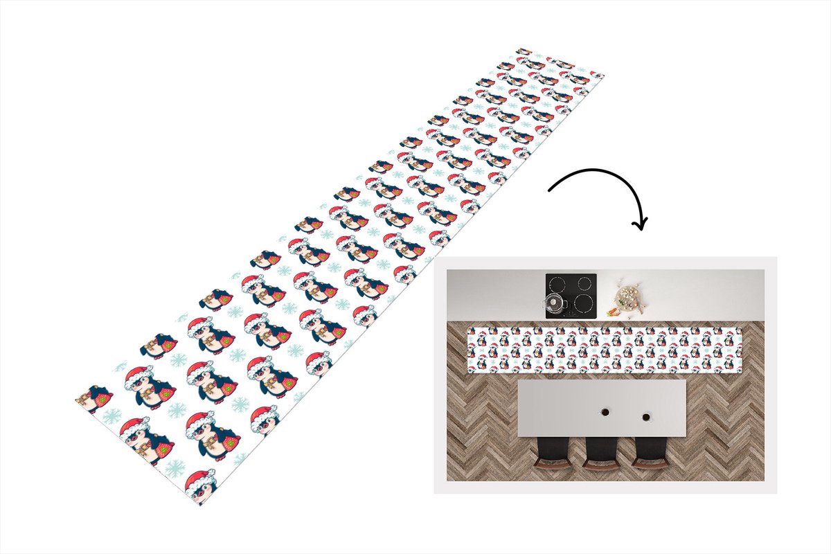 KitchenYeah Keukenloper - Loper keuken - Pinguïn - Kerstmuts - Kind - Patronen - Kerstmis - 300x50 cm - Keukenloper vinyl Multicolor