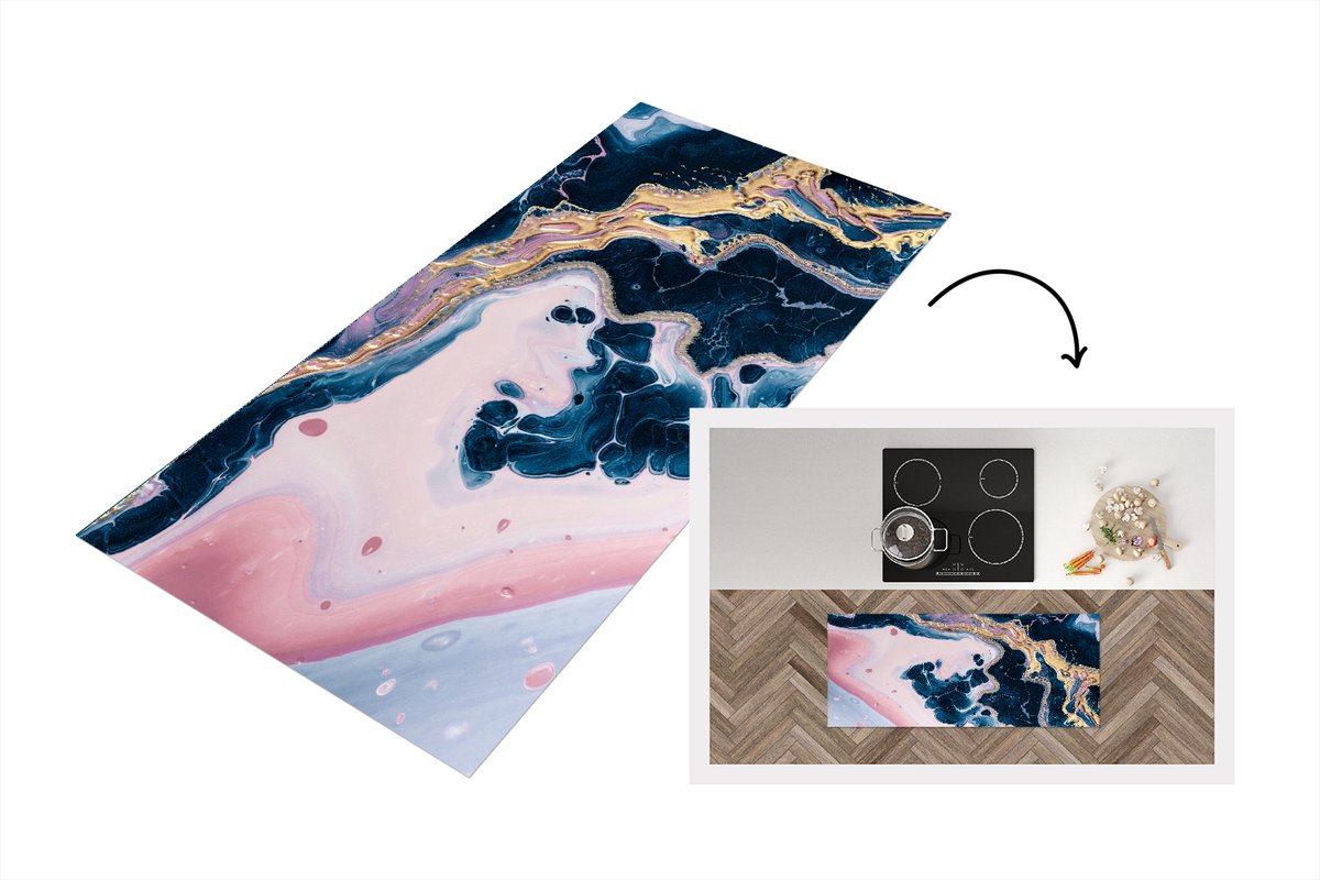 KitchenYeah Keukenloper - Loper keuken - Marmer - Goud - Water - Keukenloper vinyl Multicolor