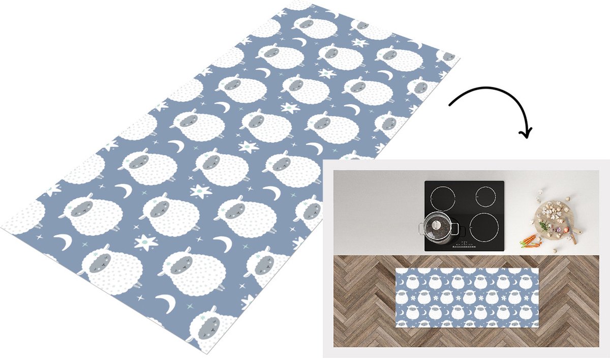 KitchenYeah Keukenloper - Loper keuken - Schapen - Nacht - Maan - Patronen - 120x50 cm - Keukenloper vinyl Multicolor