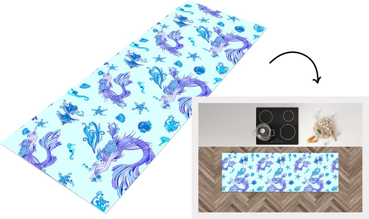 KitchenYeah Keukenloper - Loper keuken - Patronen - Vis - Zeemeermin - Mermaid - 180x60 cm - Keukenloper vinyl Multicolor
