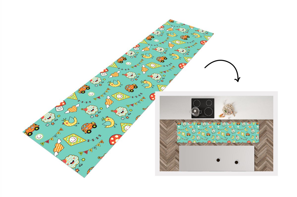 KitchenYeah Keukenloper - Loper keuken - Patroon - Kinderen - Auto - Vogel - 240x60 cm - Keukenloper vinyl Multicolor