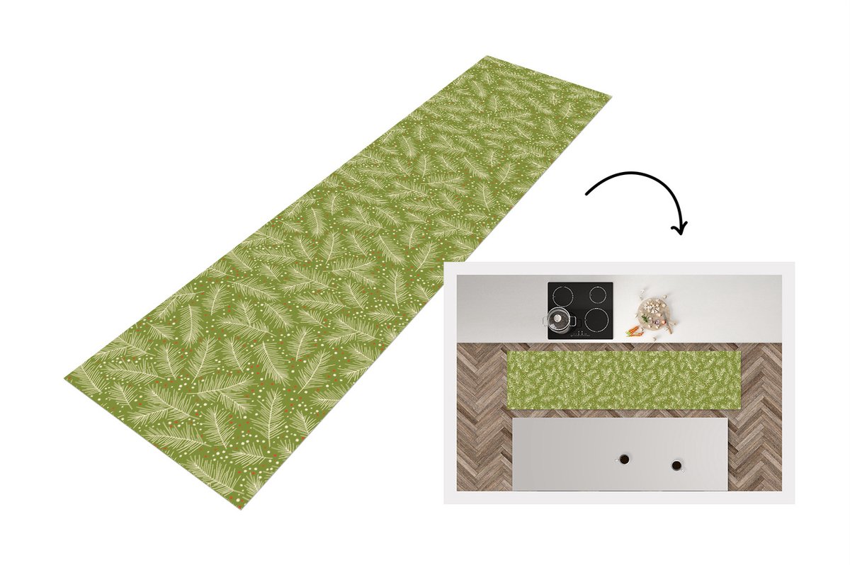 KitchenYeah Keukenloper - Loper keuken - Dennentak - Patronen - Kerst - Winter - 200x50 cm - Keukenloper vinyl Multicolor